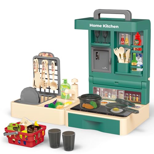 Cuisine Jouet Jeu Pliable De Rôle avec 45pcs Réaliste Nourriture Fruits Légumes Poêles Ustensiles De Cuisine Panier Évier etc Jouet Éducatif Portable Intérieur...