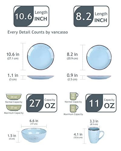 Vancasso Navia Stoneware Dinnerware Set, 32 Pieces Stoneware Spray Spot Patterned Service Dish With Dinner Plates, Salad Plates, Bowls, Mugs - Light Blue #TOP1