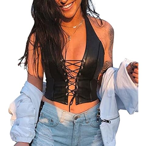 YOFUNTLE Women's Sexy Adjustable Spaghetti Straps PU Leather Bustier Crop Tube Top Halter Rave Dance Cutout Cami Tank Tops (as1, Alpha, l, Regular, Regular, Black) Cover