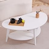 NAVREX Mid-Century Modern Coffee Table for Living Room, 100% Solid Wood Oval Coffee Table, 2 Tier Wooden Coffee Tables for Home Office Livingroom, 40.2 x 22 Inches Easy Assemble (White)