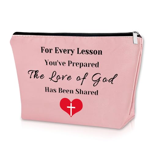 Sazuwu Sunday School Teacher Gifts for Women Pink Makeup Bag Bible Teacher Appreciation Gifts Religious Thank You Gifts Cosmetic Bag Christian Teacher Gifts for Christmas Birthday Graduation Gift