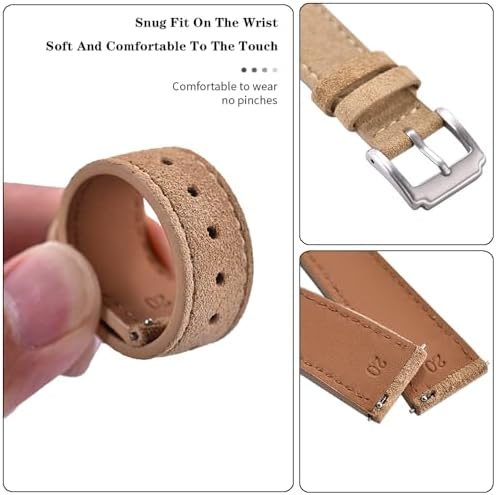 JWNSPA Unisex 18mm 19mm 20mm 22mm Super Soft Suede Leather Watch Band Quick Release Lightweight Watch Strap (Khaki, 20mm) - 2