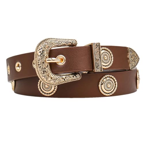 Women’S Studded PU Leather Belt Western Punk Style 2.3Cm Wide Casual Waistband For Dresses Pants Jeans