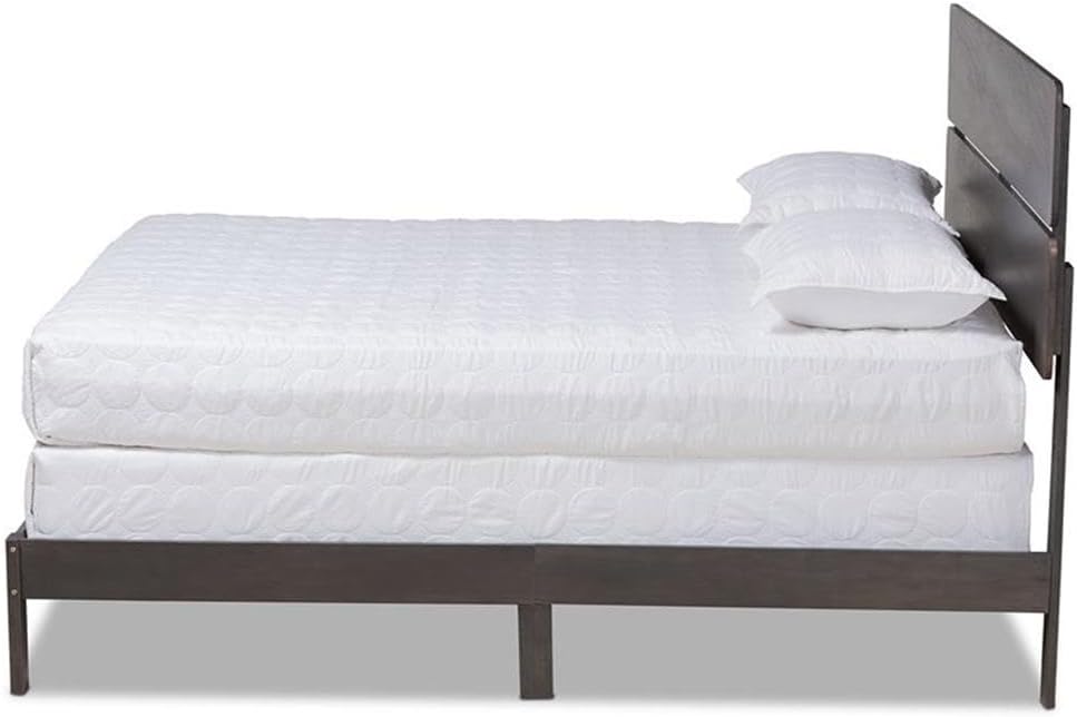 BOWERY HILL Queen Size Panel Bed, Rubberwood and MDF, Gray-Tinted Oak Finish, Slatted Headboard, Requires Box Spring, Modern Bedroom Furniture, 60 x 80 in Mattress Frame, 65.9 x 82.9 x 39.7 in