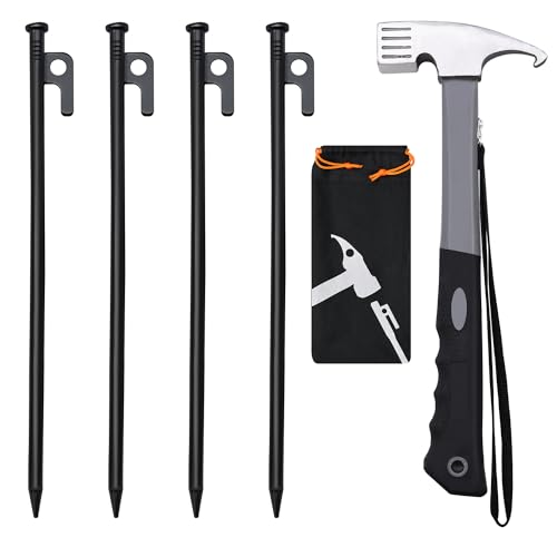 4pcs Tent Stakes and Hammer Set, 12in Heavy Duty Forged Steel Tent Stakes + Camping Hammer + Storage Pouch, Available in Rocky Place (4pcs 12in Stake+Hammer)