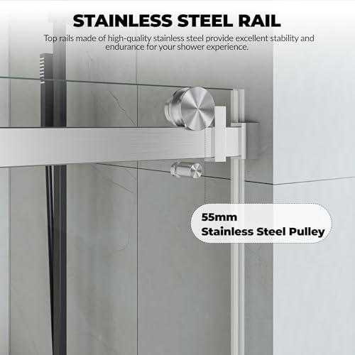Image of Frameless Sliding Shower Door Enclosure - 56 to 60 Inch Adjustable Width x 76 Inch Height, 8mm Coated Tempered Safety Glass with Easy Clean, Square Stainless Steel Rail, Brushed Finish