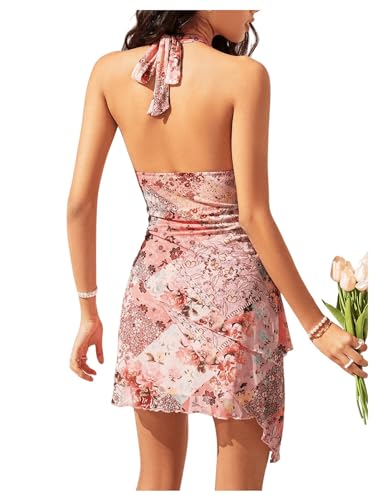 Women's Floral Print Sleeveless Halter Deep V Tie Mini Dress Ruched Backless Slim Fit Cami Dresses Knot Boho Dress2