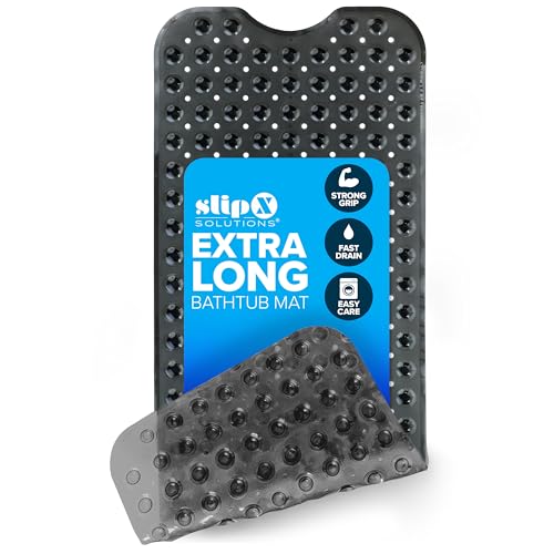 SlipX Solutions Power Grip Extra Long Bath Tub & Shower Mat 39x16, Wet Floor Non-Slip for Elderly & Kids Bathroom, 30% Longer Bathtub Mats, 200 Suction Cups, Drain Holes (1, Translucent Black)