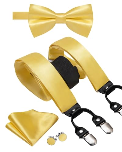 Image of Hi-Tie Men Suspender Bowtie Set Suspenders Pre-tied Bow Tie Pocket Square Cufflinks Adjustable Y Shape 6 Clips Braces Tuxedo