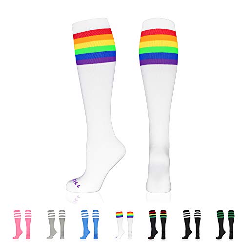 NEWZILL Medical Compression Socks for Women & Men, 20-30 mmHg Knee-High Support for Circulation, All-Day Comfort for Work Travel Running Cycling and Fitness White/Rainbow L/XL