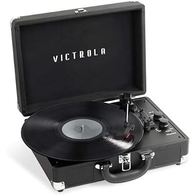 Victrola Journey+ Bluetooth Suitcase Record Player Built-In Speakers, 33-1/3, 45 & 78 RPM Vinyl Record Player, RCA Out, Headphone Jack, Wireless Streaming (Black)