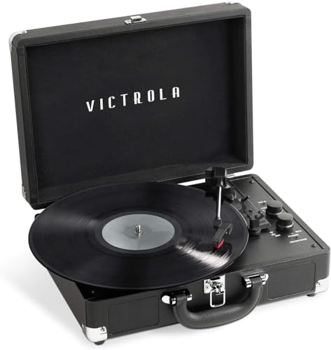 Victrola Journey+ Bluetooth Suitcase Record Player – Built-In Speakers, 33-1/3, 45 & 78 RPM Vinyl Record Player, RCA Out, Headphone Jack, Wireless Streaming (Black) by Victrola - Used condition - US$30.50