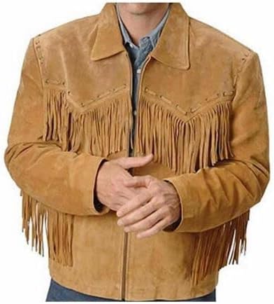 Men's Traditional Cowboy Western Leather Jacket Brown Coat with Fringe Native American Jacket Suede-2XL