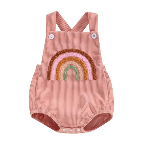 Image of Geagodelia Infant Baby Girl Boy Overalls Romper Button Sleeveless Bodysuit Cartoon Embroidery Ribbed Jumpsuit Square Neck Pageant Baptism Playsuit (Pink Rainbow, 6-9 Months)
