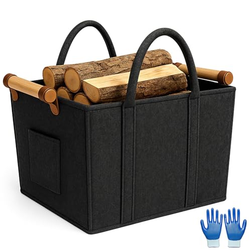 Cesta Leña Chimenea de Fieltro, Cesta para Leña con Guantes, Cestas Almacenaje con Asas de Transporte, para Leña, Revistas, Periódicos, Ropa (42 cm x40 cm x 30 cm)