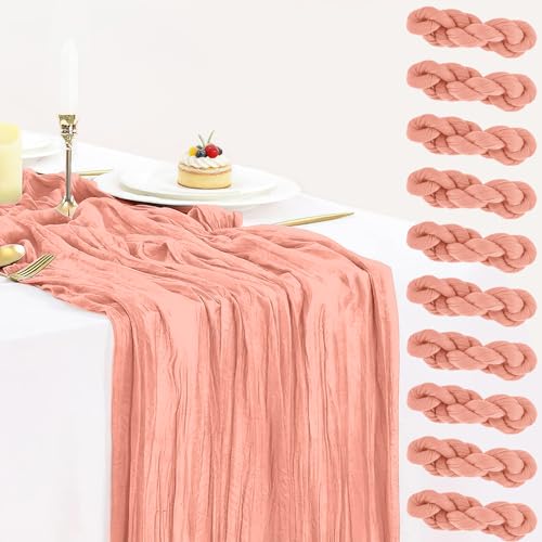 10 Pack Coral Peach Cheesecloth Table Runner 35x120 Inch, 10FT Semi Sheer Boho Gauze Cheese Cloth Fabric Table Runners for Wedding Bridal Baby Shower Decor