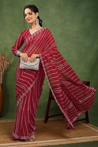 Image of MIRCHI FASHION Saree for Woman Georgette Solid with Satin Stripes | Stone Border Farewell and Ceremonial Sari with Blouse Piece