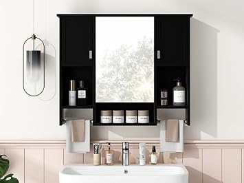 Wall Mounted Bathroom Storage Cabinet with Mirror, 35" Modern Medicine Cabinet with Towel Bar, 3-Door Bathroom Wall Cabinet with Adjustable Shelves, Black
