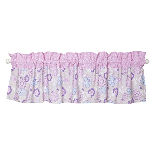 Grace Window Valance - Large Floral Gray Print Body, Orchid Leaf Print Top Border, Rod Pocket, Purple, Blue, Gray and White, 60 in x 15 in