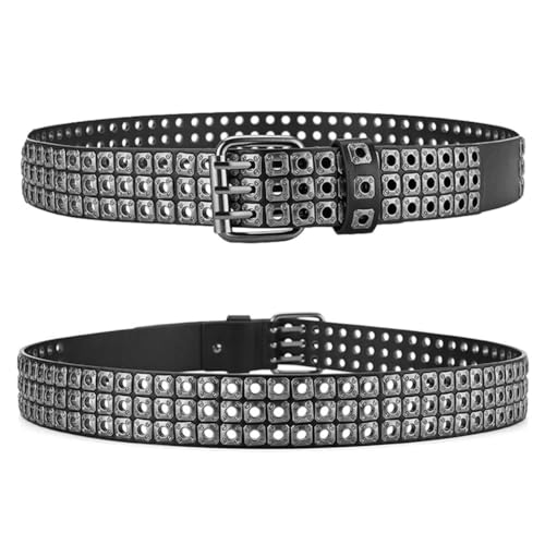 3 Row Studded Holes Grommet Faux Leather Belts for Women Men Punk Jeans Pants Coat4