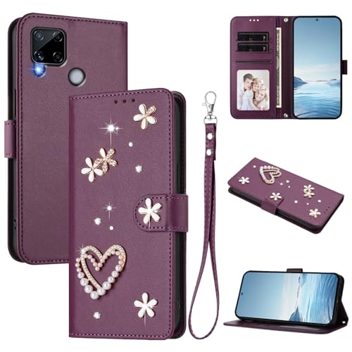 Jiajihua Case Compatible with Realme 7i (Global) / C12 / C15 / C25 / C25s,Compatible with Realme Narzo 30A / Narzo 20 Lanyard【Card Holder Wallet Flip Cover Magnetic Buckle Kickstand】 Violet