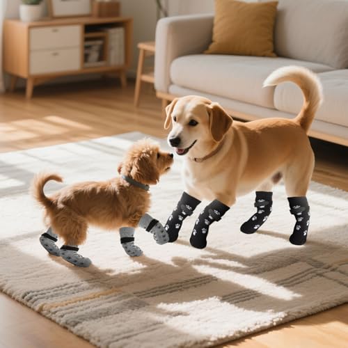 Weniubit 4 Paar Hundesocken Anti Rutsch Doppelseitige, Hundesocken Leckschutz mit Verstellbaren Riemen, Hunde Socken für Hunde im Innenbereich im Freien (M)
