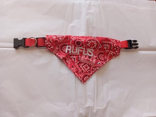 Collar Personalizado con Nombre Bordado. Lavable, Durable, Doble Tela. Bandanas para Perros Collar Ajustable con Bandana para Perro Pañuelos Ajustables para Mascotas. Nombre Perro Gato (Rojo, Large)