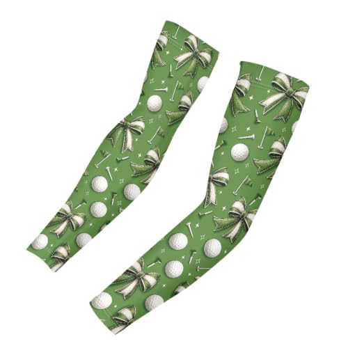 Binienty 2Pcs Cooling Arm Sleeve for Women Green Golf Bow Print Sports Compression Sleeves Elastic Arm Covers for Outdoors Sun UV Protection,Size L