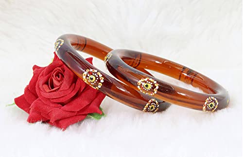 Image of NMII Traditional Glass With Diamond Cutting Pattern Glossy Finished Stylish Kada Set For Women And Girls | Crystal Glass Kada Bangles Set For Wedding, Festive