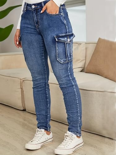 Cargo Skinny Jeans for Women Stretch High Waisted Flap Pocket Butt Lifting Denim Pants3