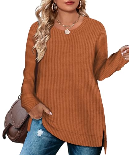 Image of RITERA Plus Size Women Sweaters Waffle Knit Pullover Top Long Sleeve Casual Crewneck Shirt Loose Split Hem Fall Winter Blouse