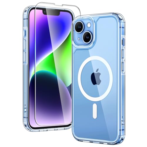 TAURI für iPhone 14 Plus Hülle 6 7 mit Panzer Schutz Glas Folie Kompatibel mit MagSafe Schutz nach Militärstandard [Anti-Vergilbung] Stoßfest Magnetisch Handyhülle - Durchsichtig