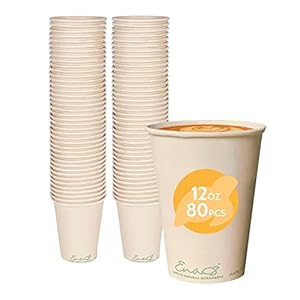 100% Compostable Disposable Coffee Cups [12oz 80 Pack] Paper Cups Made from Bamboo, Eco-Friendly, Biodegradable Premium Party Cups, Natural Unbleached by Earth’s Natural Alternative