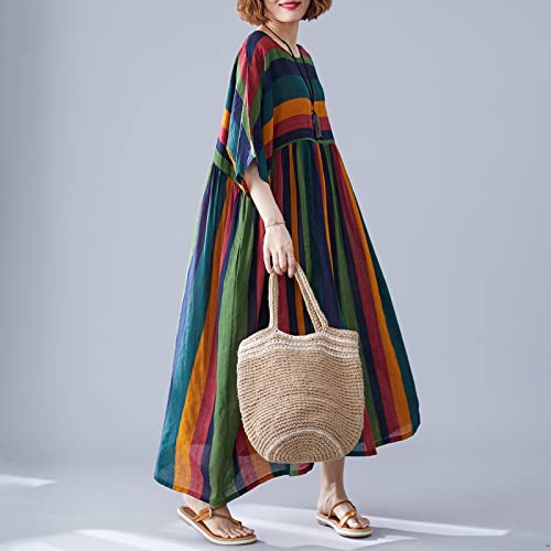 Mingzhe Vestido feminino de algodão de linho vintage listrado estampa oco meia manga pocekt plus siz