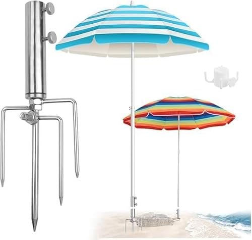 ROTKUSZ Soporte para Sombrilla de Playa, Base para Sombrilla de Acero Inoxidable con 4 Pinchos para Césped, Tapón de Pie para Sombrilla de Playa con Gancho de Quatro Esquinas