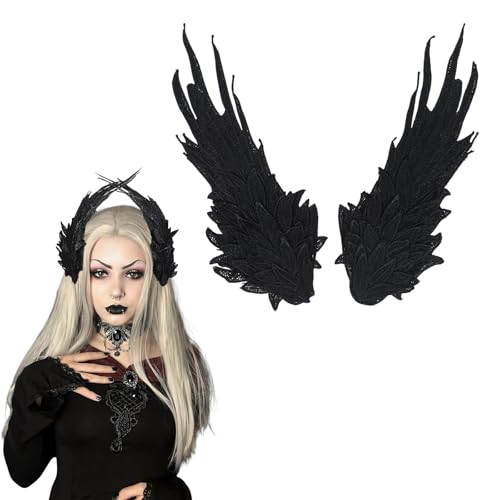 Double Layer Embroidered Angel Wing Hair Clips Cosplay Angel Demon Costume Headpiece Hair Accessories for Halloween Party Headwear (Black)