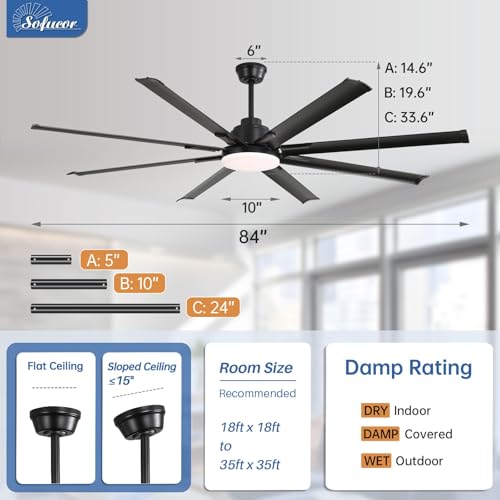 Sofucor 84 Inch Smart Ceiling Fan with Light, 8 Aluminum Blades Outdoor Black Ceiling Fan, Work with App/Alexa/Google, 6-Speed Reversible DC Motor for Industrial Large Garage Living Room Patio thumbnail 8