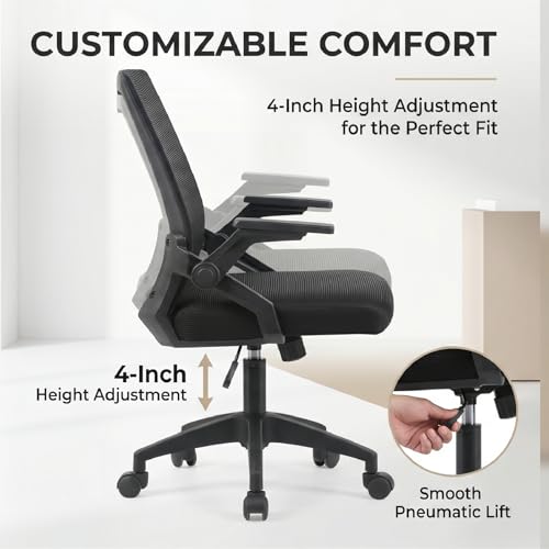Ergonomic Mid Back Office Chair 300 LBS Capacity Mesh Small Desk Chair Swivel Comfortable Gaming Chair Adjustable 4cm Sliding Flip-Up Armrests for Long Hours Home Office Use,Black image 4