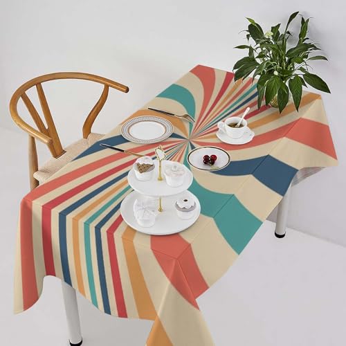 SHElifestyle Retro Sun Ray Tablecloth, Vintage Boho Colorful Beam Table Cover Mid Century Hippie Circus Rotating Spiral Water Resistant Tabletop for Party Kitchen Dinning Table 60"x90"