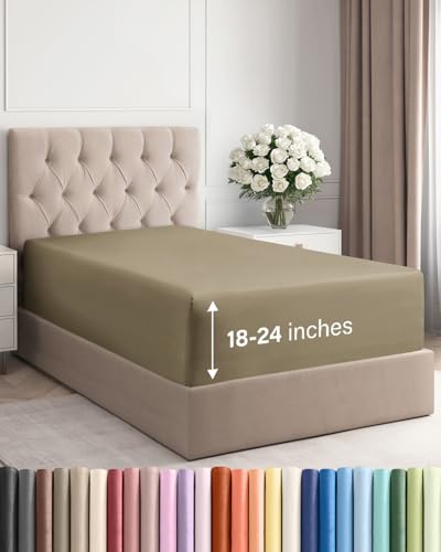 Image of Extra Deep Twin Fitted Sheet - Single Fitted Sheet Only - Khaki | Easily Fits 18 inch to 24 inch Mattress, Soft, Wrinkle Free, Breathable & Comfy, Extra Deep Pockets Hotel Luxury Fitted Sheet