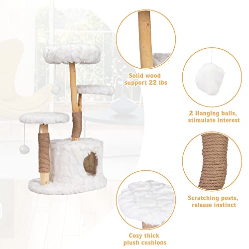 Torre para gatos moderna con árbol natural de madera blanco miniatura 6