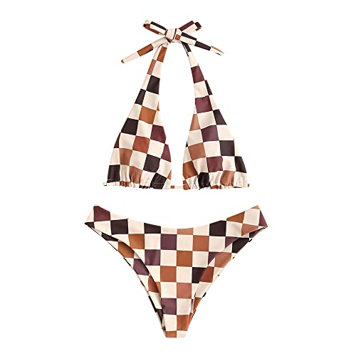 Image of ZAFUL Womens Printed Triangle Bikinis 2 Piece Halter Bikini Sets High Cut Bathing Suit Side Tie Swimsuits
