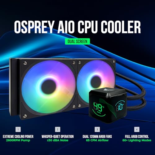 Image of Osprey 240mm AIO CPU Cooler, Copper-Aluminum Radiator, Leakproof ARGB Liquid Cooling System, 2600RPM Hydraulic Pump, Quiet ≤28.8dBA PWM Fans for Intel LGA 1700 /1200 /115X /2066 /AMD AM5 /AM4 /AM3 /FM1,Black