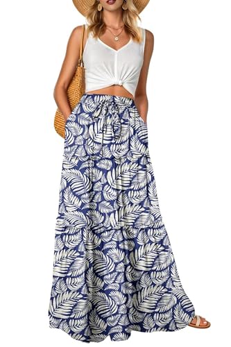 QIXING Damen Maxirock Sommer Boho Blumen Muster Hohe Taille Elastischer Bund Langer Fließender Rock mit Taschen Stufenrock Elegant Luftig(FP Dunkelblaues Palmenblatt, L)