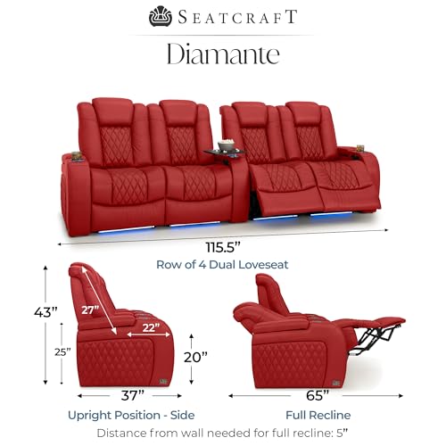 Image of Seatcraft Diamante Red Italian Leather Home Theater Seating, Zero Gravity Power Recliner Gaming and Home Office Chair, Powered Headrest Lounge Sofa Furniture for Cinema Room, Row of 4 Dual Loveseats