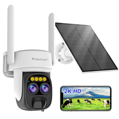 VSTARCAM Solar Camera Outdoor Wireless No Subscription, Dual Cameras, 2K UHD with 10× Zoom, 100% Wire-Free with Battery Powered, 360° Panoramic View, PIR Motion Detection, Siren, 2-Way Audio,IP66