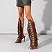 FancyQueen Gladiator Heels Knee High Heels for Women Open Toe Stiletto Suede Fringe Boots Lace up Strappy Peep Toe High Sandal