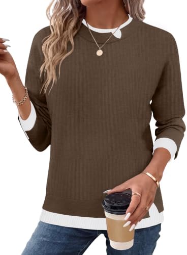 Zeagoo Pullover Damen Strickpullover Herbst Winter Elegant Patchwork Pulli | Rundhals Pullover | Langarm Strickpullover | mit Seitenschlitz | Mode Farbblock Pulli | Leicht Casual S