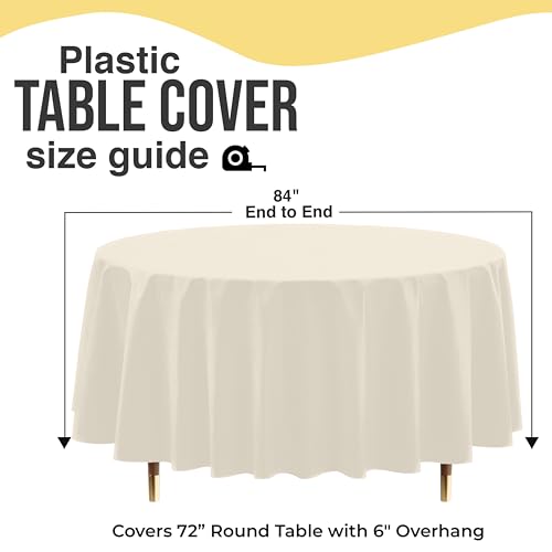 Image of Exquisite 66% Thicker Premium Ivory Round Tablecloth 0.5 Mil 24 Pack Plastic Table Cloth Disposable 84 Inch Round Plastic Tablecloth Won't Tear Easily Like Cheap Thin Brands