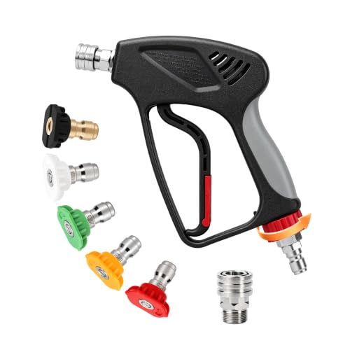 Pressure Washer Short Gun, 5000 PSI/10.5 GPM High Power Washer Spray Gun with 5 Nozzle Tips, 3/8'' Swivel Quick and M22-14mm Connect for Foam Cannon Car Wash